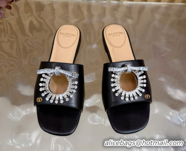 Luxury Valentino Strass Embellished Flat Slides Sandal in Calfskin Leather Black2 VLTN121509 51215111