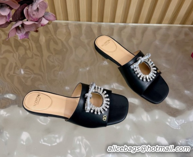 Luxury Valentino Strass Embellished Flat Slides Sandal in Calfskin Leather Black2 VLTN121509 51215111