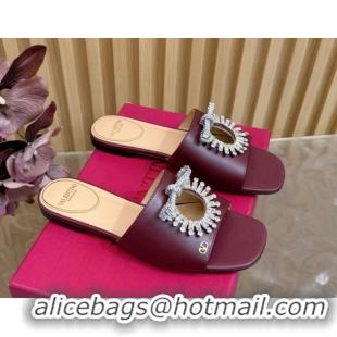 Buy Discount Valentino Strass Embellished Flat Slides Sandal in Calfskin Leather Dark Burgundy VLTN121509 1215112