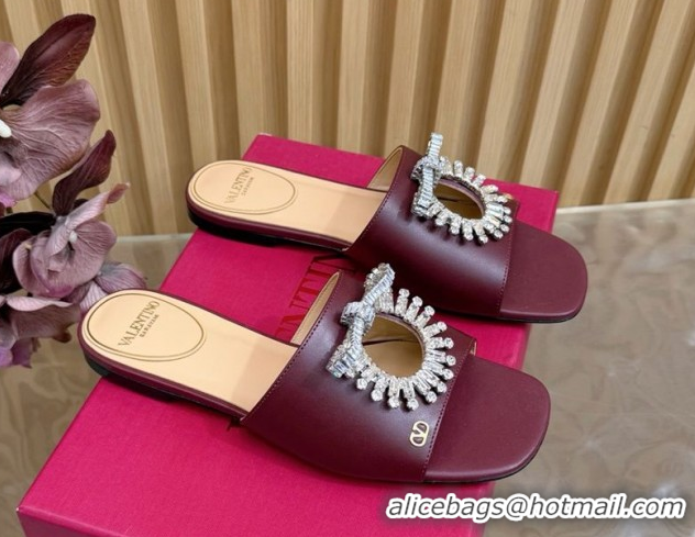 Buy Discount Valentino Strass Embellished Flat Slides Sandal in Calfskin Leather Dark Burgundy VLTN121509 1215112