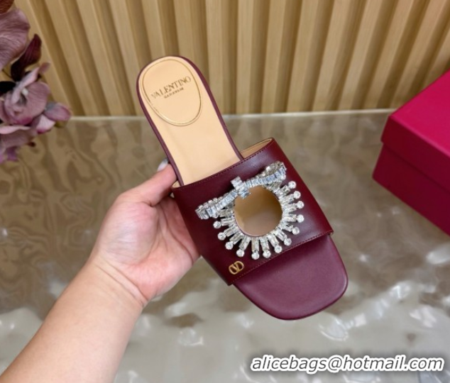 Buy Discount Valentino Strass Embellished Flat Slides Sandal in Calfskin Leather Dark Burgundy VLTN121509 1215112