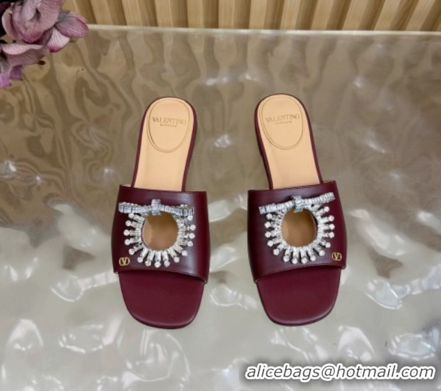 Buy Discount Valentino Strass Embellished Flat Slides Sandal in Calfskin Leather Dark Burgundy VLTN121509 1215112