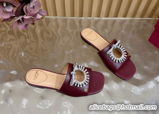 Buy Discount Valentino Strass Embellished Flat Slides Sandal in Calfskin Leather Dark Burgundy VLTN121509 1215112