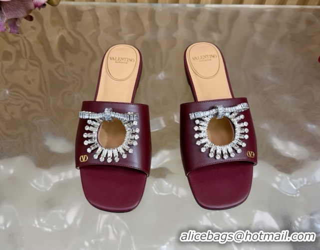 Buy Discount Valentino Strass Embellished Flat Slides Sandal in Calfskin Leather Dark Burgundy VLTN121509 1215112