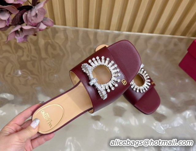 Buy Discount Valentino Strass Embellished Flat Slides Sandal in Calfskin Leather Dark Burgundy VLTN121509 1215112