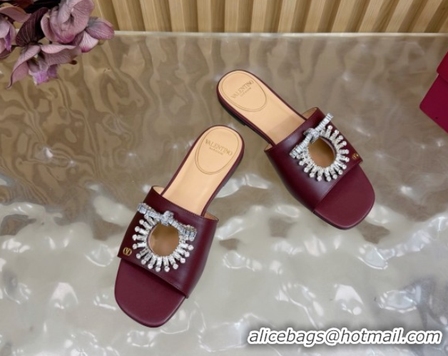 Buy Discount Valentino Strass Embellished Flat Slides Sandal in Calfskin Leather Dark Burgundy VLTN121509 1215112