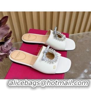 Best Price Valentino Strass Embellished Flat Slides Sandal in Calfskin Leather White 2025 VLTN121509 51215113