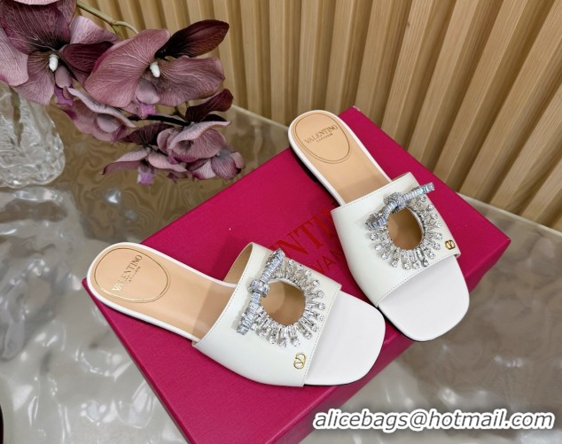 Best Price Valentino Strass Embellished Flat Slides Sandal in Calfskin Leather White 2025 VLTN121509 51215113