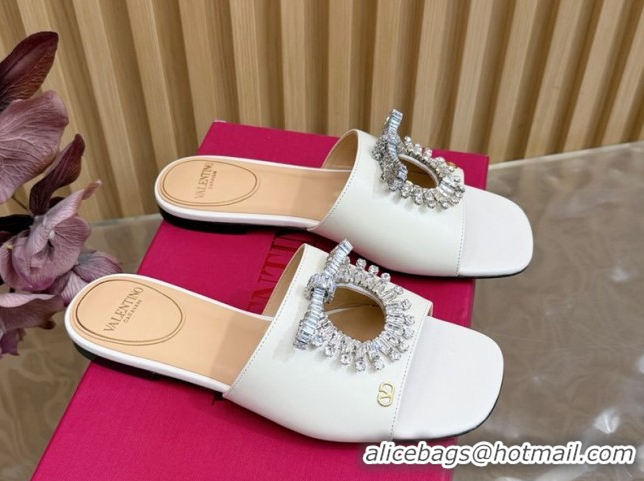Best Price Valentino Strass Embellished Flat Slides Sandal in Calfskin Leather White 2025 VLTN121509 51215113