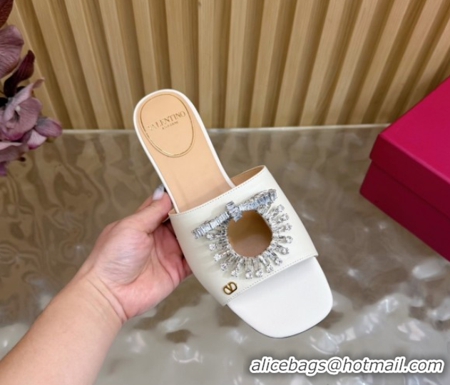 Best Price Valentino Strass Embellished Flat Slides Sandal in Calfskin Leather White 2025 VLTN121509 51215113