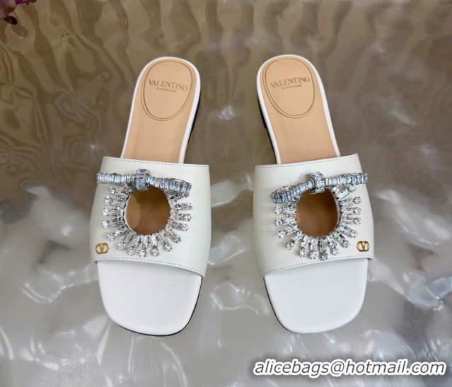 Best Price Valentino Strass Embellished Flat Slides Sandal in Calfskin Leather White 2025 VLTN121509 51215113