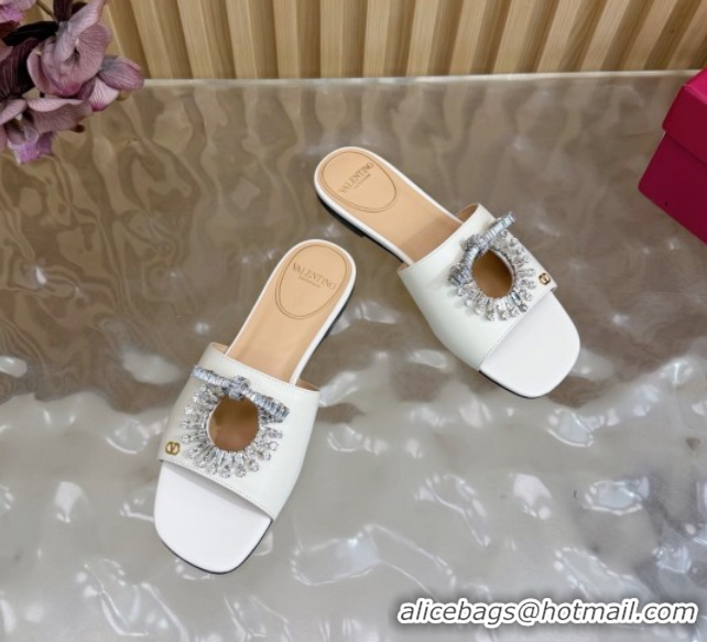 Best Price Valentino Strass Embellished Flat Slides Sandal in Calfskin Leather White 2025 VLTN121509 51215113