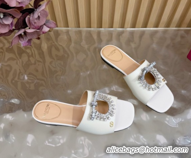 Best Price Valentino Strass Embellished Flat Slides Sandal in Calfskin Leather White 2025 VLTN121509 51215113