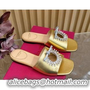 Low Cost Valentino Strass Embellished Flat Slides Sandal in Calfskin Leather Gold VLTN121509 51215114