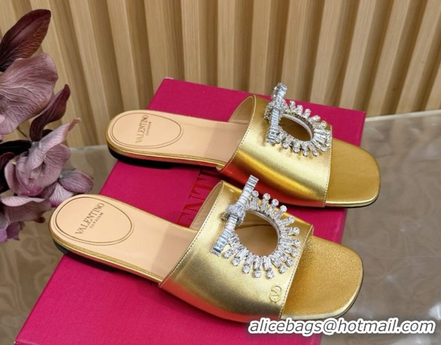 Low Cost Valentino Strass Embellished Flat Slides Sandal in Calfskin Leather Gold VLTN121509 51215114