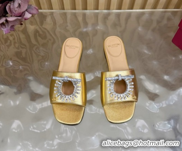 Low Cost Valentino Strass Embellished Flat Slides Sandal in Calfskin Leather Gold VLTN121509 51215114