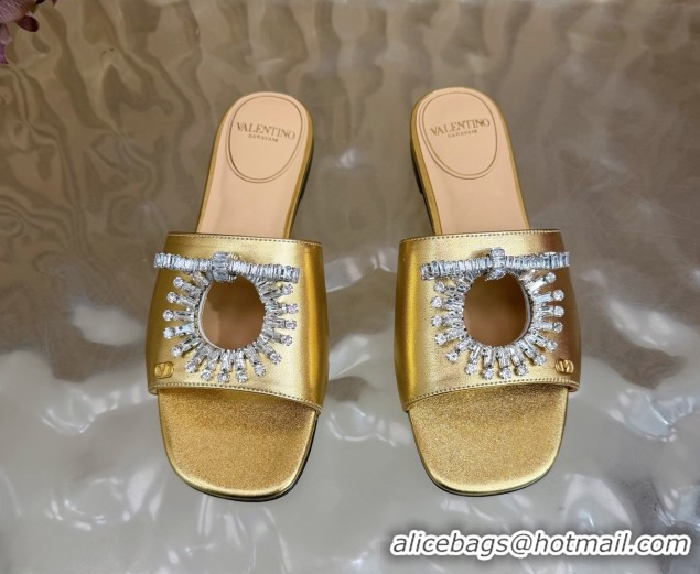 Low Cost Valentino Strass Embellished Flat Slides Sandal in Calfskin Leather Gold VLTN121509 51215114
