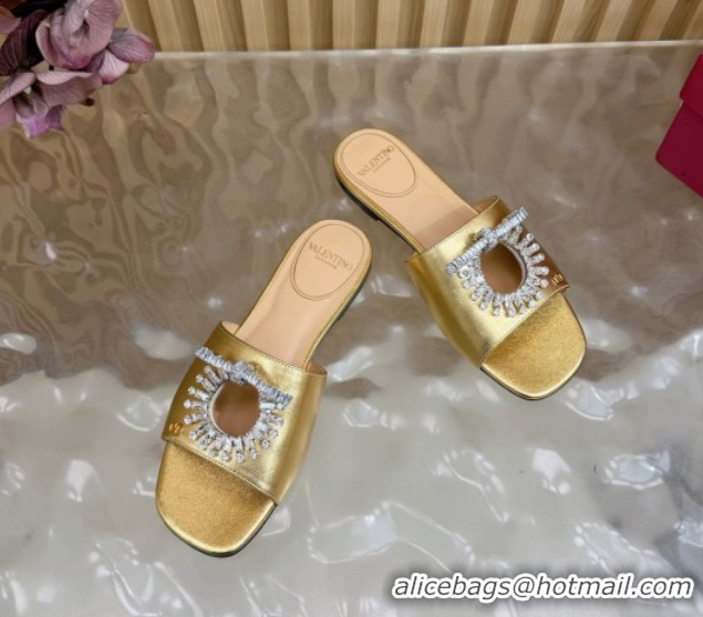 Low Cost Valentino Strass Embellished Flat Slides Sandal in Calfskin Leather Gold VLTN121509 51215114