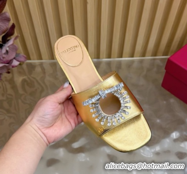 Low Cost Valentino Strass Embellished Flat Slides Sandal in Calfskin Leather Gold VLTN121509 51215114