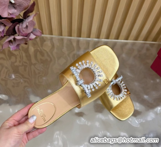 Low Cost Valentino Strass Embellished Flat Slides Sandal in Calfskin Leather Gold VLTN121509 51215114