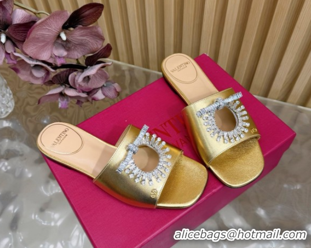 Low Cost Valentino Strass Embellished Flat Slides Sandal in Calfskin Leather Gold VLTN121509 51215114