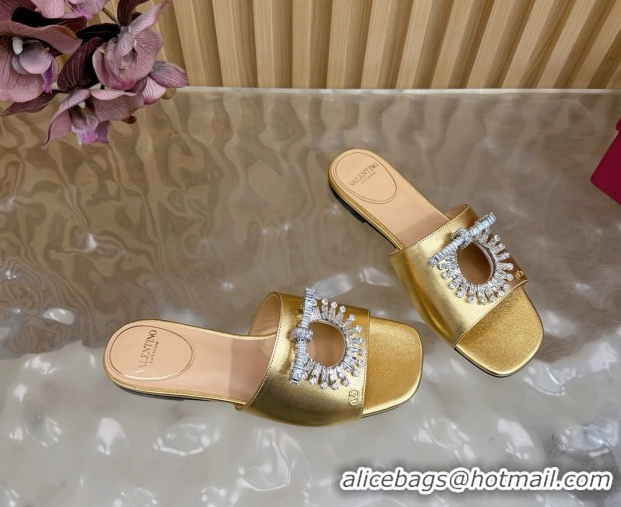 Low Cost Valentino Strass Embellished Flat Slides Sandal in Calfskin Leather Gold VLTN121509 51215114