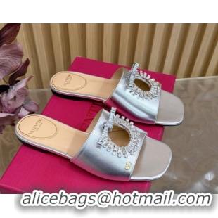 Top Grade Valentino Strass Embellished Flat Slides Sandal in Calfskin Leather Silver VLTN121509 1215115