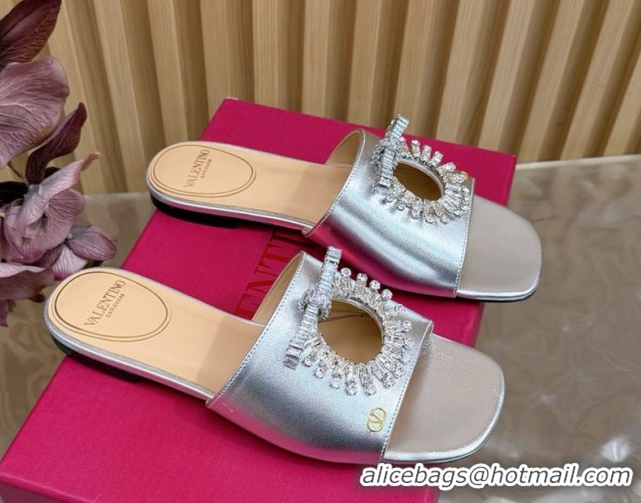 Top Grade Valentino Strass Embellished Flat Slides Sandal in Calfskin Leather Silver VLTN121509 1215115
