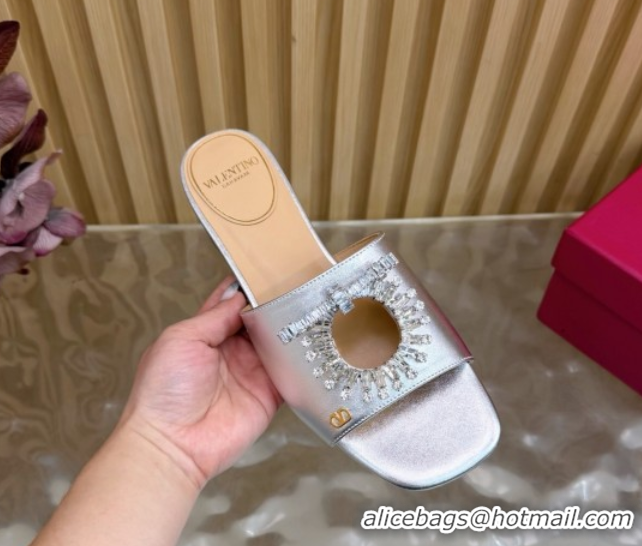 Top Grade Valentino Strass Embellished Flat Slides Sandal in Calfskin Leather Silver VLTN121509 1215115