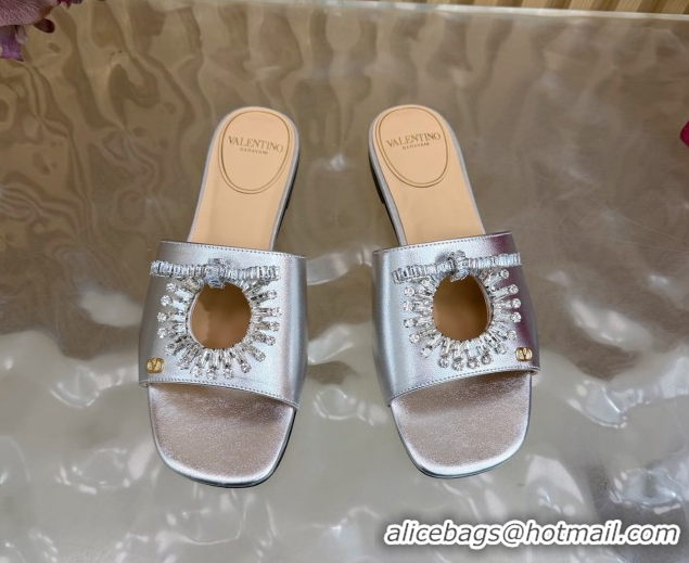 Top Grade Valentino Strass Embellished Flat Slides Sandal in Calfskin Leather Silver VLTN121509 1215115