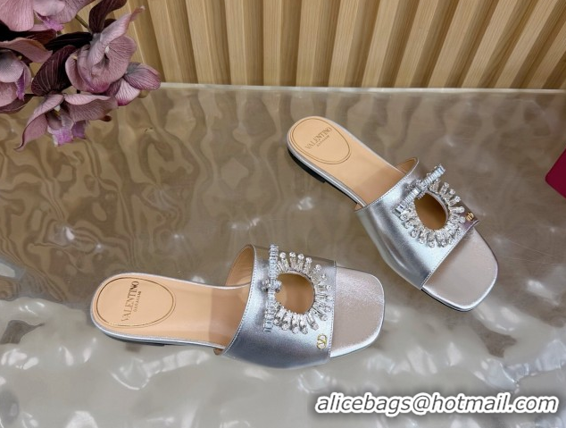 Top Grade Valentino Strass Embellished Flat Slides Sandal in Calfskin Leather Silver VLTN121509 1215115
