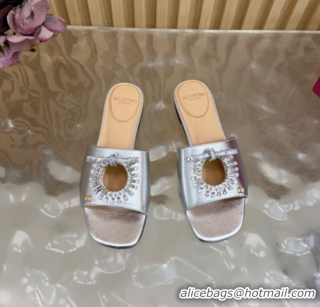 Top Grade Valentino Strass Embellished Flat Slides Sandal in Calfskin Leather Silver VLTN121509 1215115