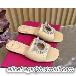 Unique Style Valentino Strass Embellished Flat Slides Sandal in Calfskin Leather Nude VLTN121509 51215116