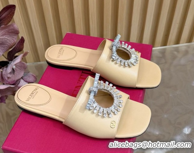 Unique Style Valentino Strass Embellished Flat Slides Sandal in Calfskin Leather Nude VLTN121509 51215116