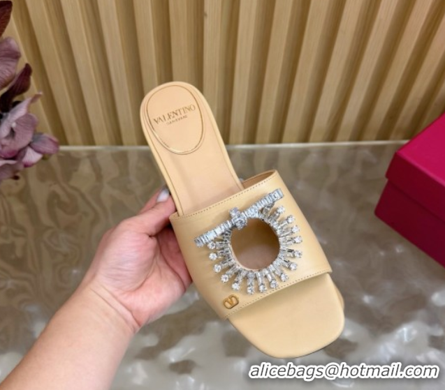 Unique Style Valentino Strass Embellished Flat Slides Sandal in Calfskin Leather Nude VLTN121509 51215116