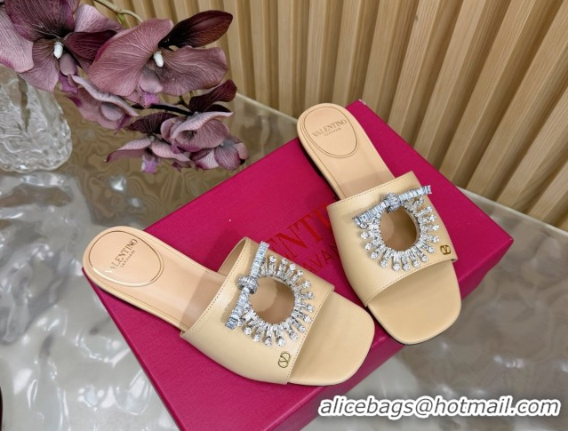 Unique Style Valentino Strass Embellished Flat Slides Sandal in Calfskin Leather Nude VLTN121509 51215116