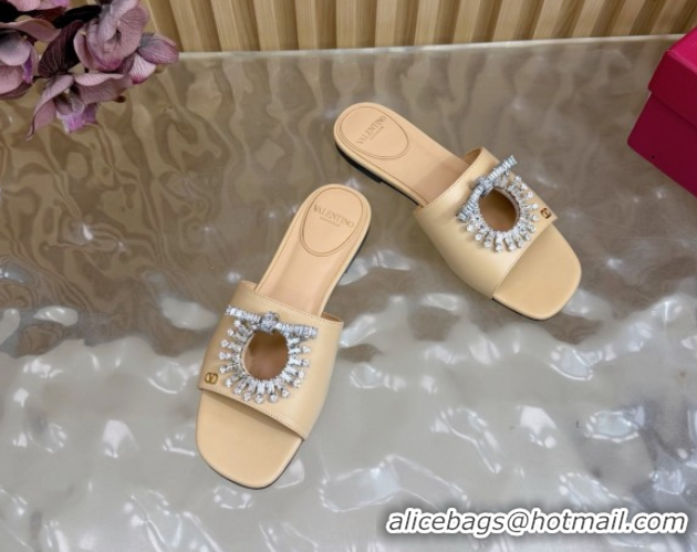 Unique Style Valentino Strass Embellished Flat Slides Sandal in Calfskin Leather Nude VLTN121509 51215116