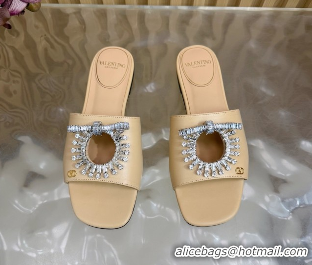 Unique Style Valentino Strass Embellished Flat Slides Sandal in Calfskin Leather Nude VLTN121509 51215116