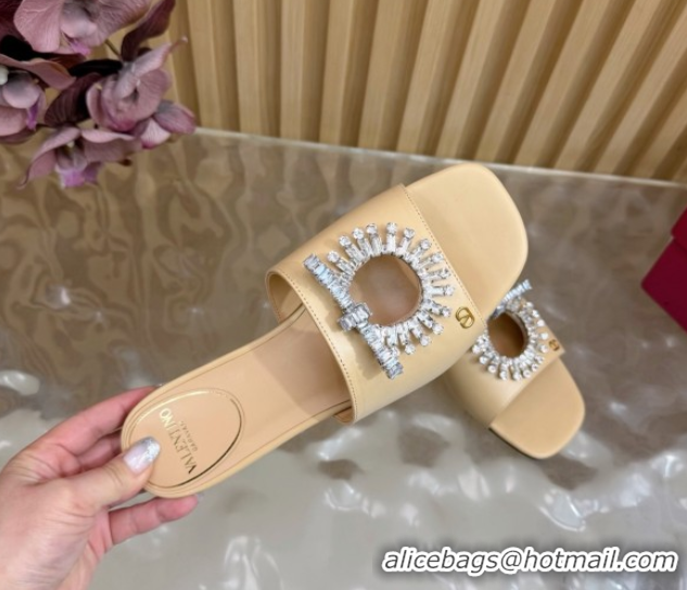 Unique Style Valentino Strass Embellished Flat Slides Sandal in Calfskin Leather Nude VLTN121509 51215116