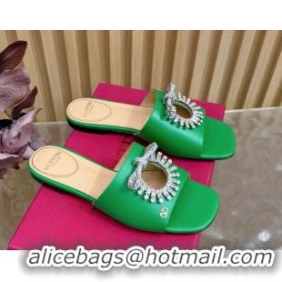 Top Design Valentino Strass Embellished Flat Slides Sandal in Calfskin Leather Green VLTN121509 51215117