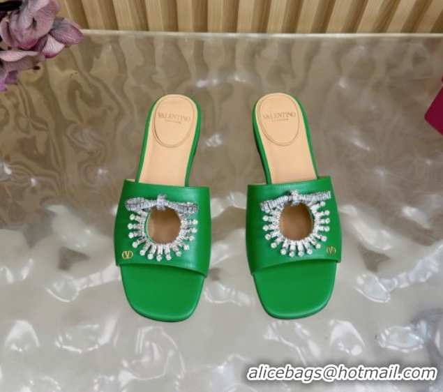 Top Design Valentino Strass Embellished Flat Slides Sandal in Calfskin Leather Green VLTN121509 51215117