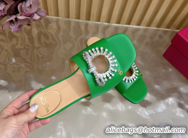 Top Design Valentino Strass Embellished Flat Slides Sandal in Calfskin Leather Green VLTN121509 51215117