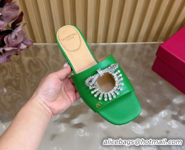 Top Design Valentino Strass Embellished Flat Slides Sandal in Calfskin Leather Green VLTN121509 51215117