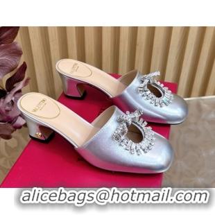 Shop Duplicate Valentino Strass Embellished Heel Mules 5.5cm in Calfskin Leather Silver VLTN121509 51215118