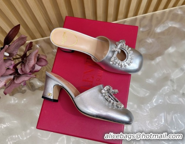 Shop Duplicate Valentino Strass Embellished Heel Mules 5.5cm in Calfskin Leather Silver VLTN121509 51215118