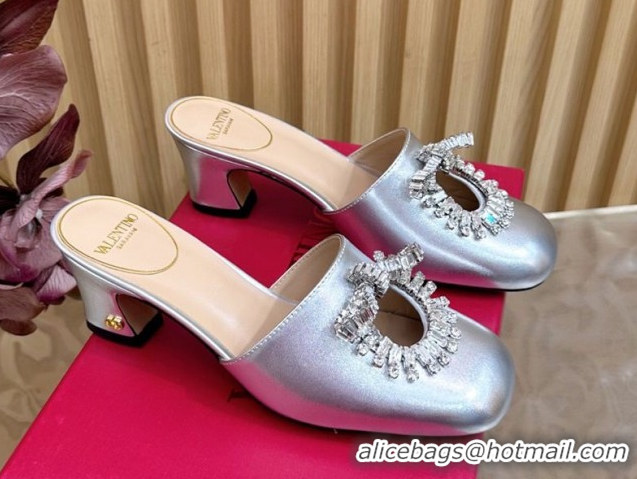 Shop Duplicate Valentino Strass Embellished Heel Mules 5.5cm in Calfskin Leather Silver VLTN121509 51215118