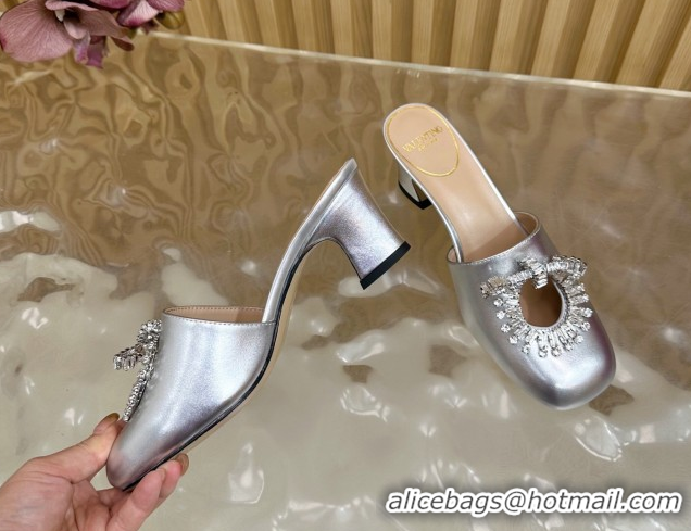 Shop Duplicate Valentino Strass Embellished Heel Mules 5.5cm in Calfskin Leather Silver VLTN121509 51215118