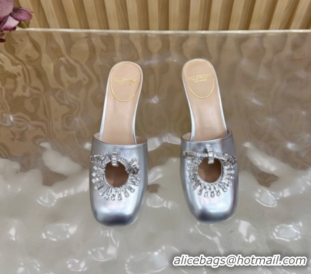 Shop Duplicate Valentino Strass Embellished Heel Mules 5.5cm in Calfskin Leather Silver VLTN121509 51215118