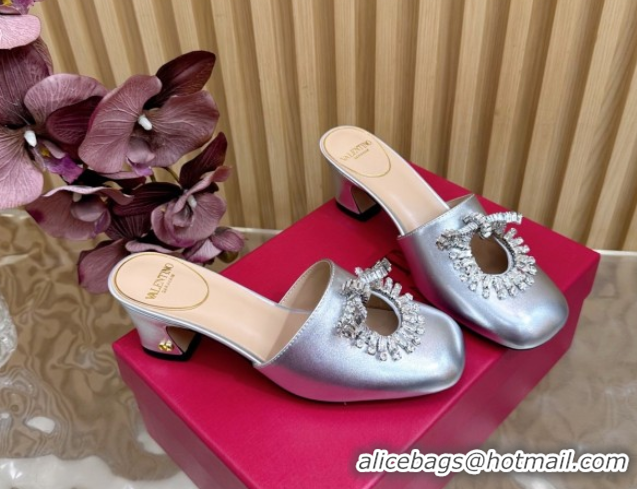 Shop Duplicate Valentino Strass Embellished Heel Mules 5.5cm in Calfskin Leather Silver VLTN121509 51215118