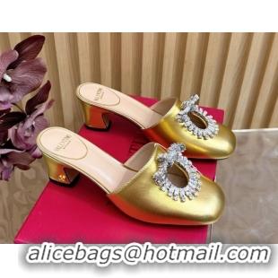 Good Product Valentino Strass Embellished Heel Mules 5.5cm in Calfskin Leather Gold 2025 VLTN121509 51215119